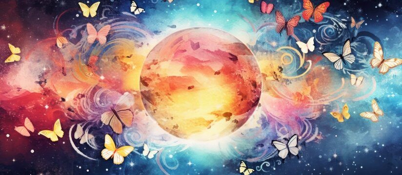 colorful abstract fantasy universe, celestial landscape, glowing orbs, shimmering butterflies, vibrant cosmic background, ethereal atmosphere, mesmerizing celestial phenomena, dreamlike surreal scener