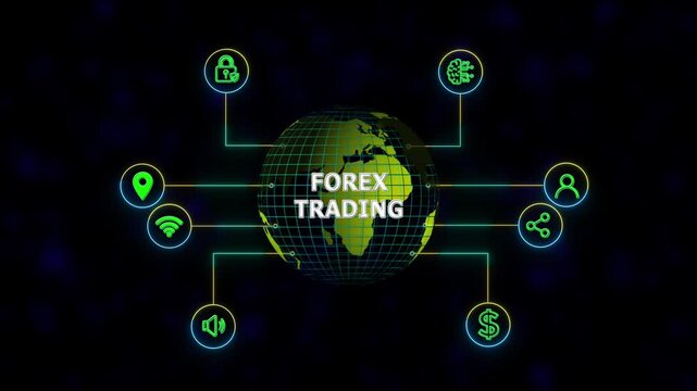 FOREX TRADING, new business concept, new business concept tee icon attached around the map features the concept of network and technology confirmed the map is rotating ,specify all icons
