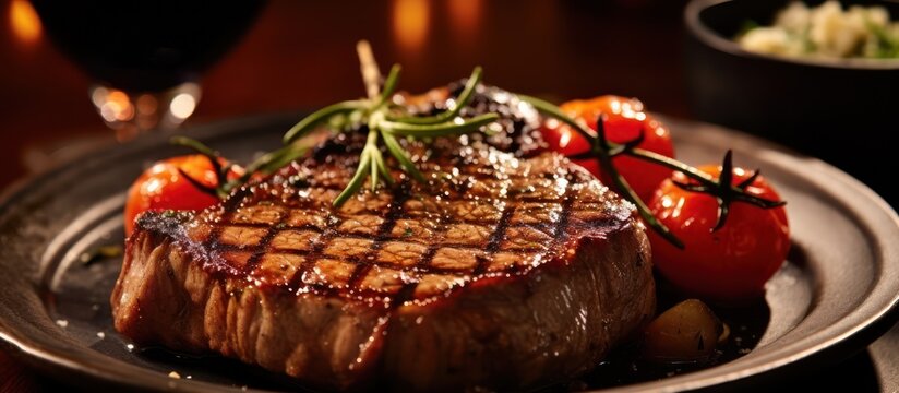 a juicy, tender ribeye steak cooked to perfection, topped with sautéed mushrooms, roasted garlic, and a drizzle of rich, savory sauce, served on a dark ceramic plate against a warm, candlelit backgrou