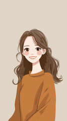 A cheerful female character is depicted with long wavy hair and a warm smile. She wears an orange sweater while set against a soft neutral background.