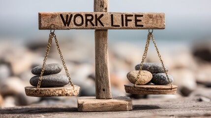 Unique Wooden Balance Scale with Work vs Life Text, Ideal for Motivational Campaigns or Branding Initiatives, Evoking a Sense of Harmony and Stability.
