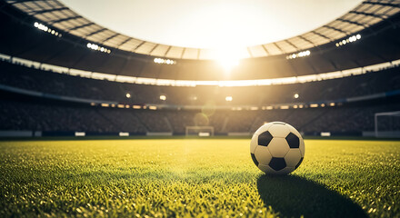 Soccer ball sits on the grass of a stadium field on a sunny day with blurred spectators in the stands