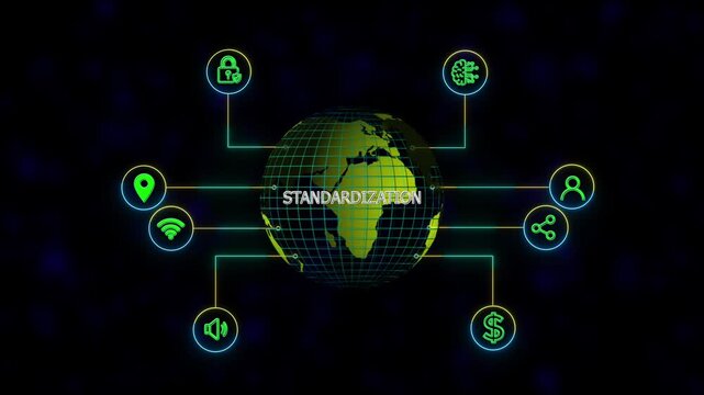 ISO Standard certification standardization quality new business concept tee icon attached around the map features the concept of network and technology confirmed the map is rotating ,specify all icons