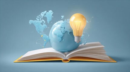 Light Bulb Sitting atop Book Inspiring Concept for Global Knowledge Sharing, Perfect for Digital Campaigns and Branding Initiatives.