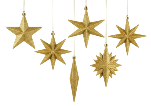 Five distinct golden glitter christmas star ornaments, suspended at staggered heights against a pristine transparent background with copy space, high-key studio lighting. Elegant christmas holiday