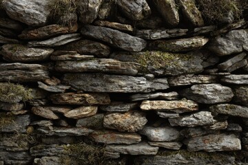 Rustic stone wall, moss-covered, uneven texture