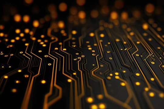 Abstract circuit board with glowing gold lines