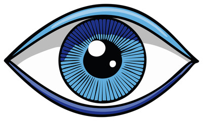 Detailed vector illustration of a vibrant blue human eye with a distinctive iris pattern and large pupil