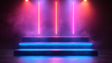 Obraz premium Empty stage, podium, place for product. Colored neon lights. 3d rendering image. Blurred reflections on the floor. Place to present a product