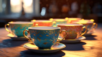 antique,vintage,ceramic,teacups,turquoise,intricate patterns,warm lighting,wooden table,still life
