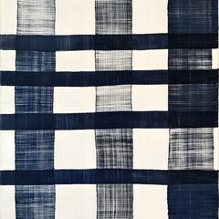 An abstract textile pattern of navy and white squares and lines creates a woven or basketweave design.