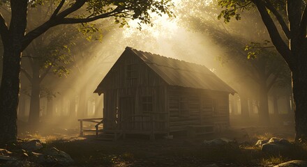 Wooden cabin sunrise forest