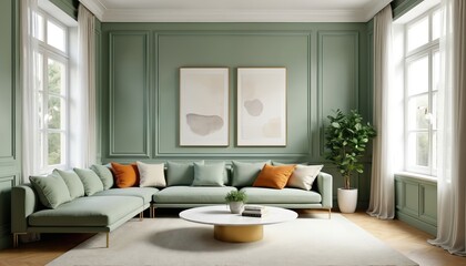 Modern living room interior with plush green sectional sofa, white coffee table adorned with books, potted plant. Walls feature elegant green paneling, two abstract art pieces. Large windows with