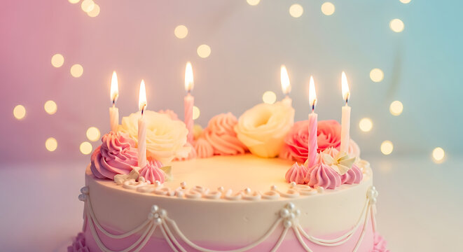 Elegant birthday cake with lit candles against a sparkling bokeh background, perfect for celebrating a sweet and memorable milestone