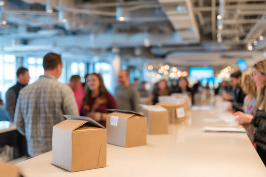 An office lobby filled with donation bins for a clothing drive Employees drop off items throughout the day