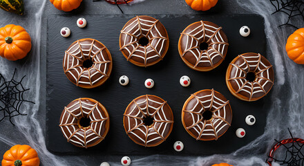 Fototapeta premium Spooky Spiderweb Donuts for Halloween Top View
