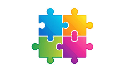 Obraz premium Four colorful puzzle pieces (blue, orange, green, magenta) fit together perfectly, forming a square. This illustration symbolizes concepts such as teamwork, solutions, integration