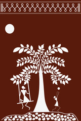 Beautiful Indian Traditional and Cultural Warli art isolated on dark brown background - vector illustration 