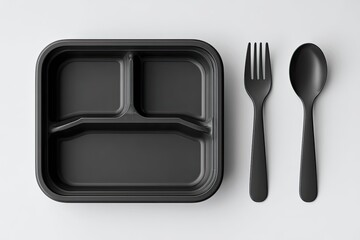 Black plastic food container with cutlery