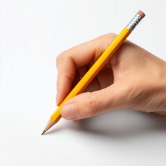 Hand Holding a Yellow Pencil on White Paper , white background cut out PNG