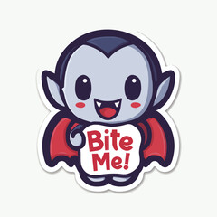 A small cartoon vampire character with big eyes and a friendly smile holds up a sign that says Bite Me. The design is colorful and playful, suitable for a lighthearted theme.