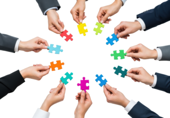 Numerous adult hands, some in business suits, holding vibrant jigsaw puzzle pieces arranged in a circle on a transparent background with copy space, Concept of teamwork and problem-solving