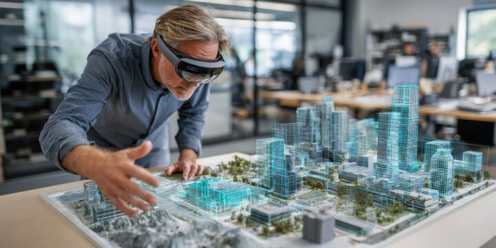 Professional using augmented reality to visualize a city model in a modern office environment during daytime