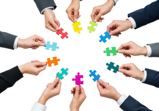 Numerous adult hands, some in business suits, holding vibrant jigsaw puzzle pieces arranged in a circle on a transparent background with copy space, Concept of teamwork and problem-solving