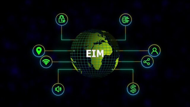 EIM Enterprise information management system, new business concept tee icon attached around the map features the concept of network and technology confirmed the map is rotating ,specify all icons