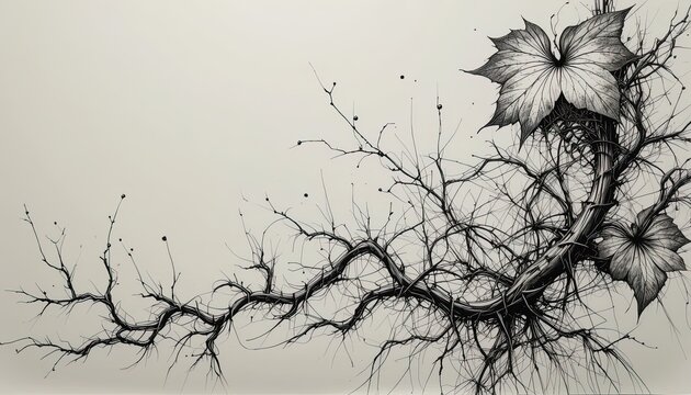 Intricate, detailed black and white drawing of twisting branches and leaves, creating a dark and elegant design against a light background.