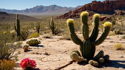 Vibrant desert landscape showcasing cacti in bloom under a clear blue sky with mountains in the background