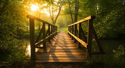 Wooden bridge sunrise forest pathway