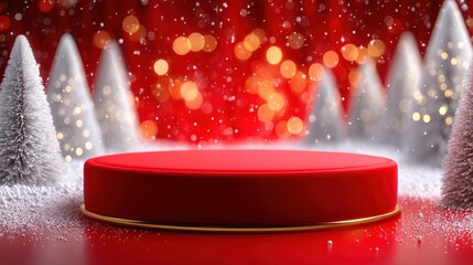 Christmas Red Podium Display Christmas Trees Bokeh Snow Background
