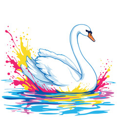 Vsai white swan swimming with colorful splashes in the lake