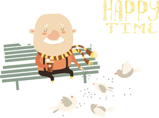 Old man feeding pigeons. Vector flat illustration