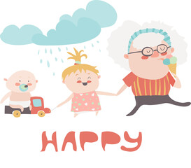 Happy grandmother with their grandchildren. Vector illustration