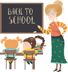 Teacher by blackboard with pupils in the classroom. Vector illustration