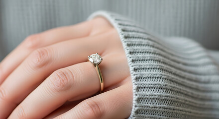 Close-up of a woman s hand wearing a gold engagement ring with a diamond while she wears a gray sweater