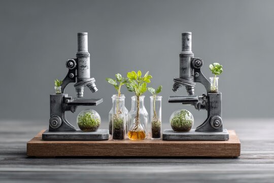 Miniature microscopes with small plants in test tubes