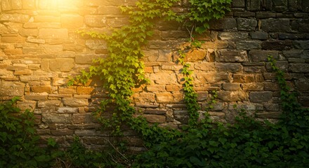 Sunlight on ancient stone wall with vines