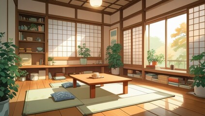 The atmosphere inside a Japanese house illustration background