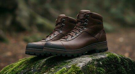 Brown leather hiking boots on rocks