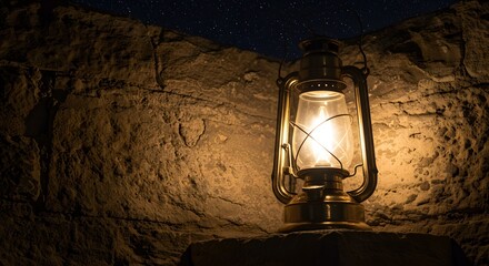 Antique lantern illuminating dark stone wall