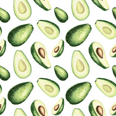 Avocado whole and cut of halfs with pit watercolor seamless pattern for food or cosmetic desing. Hand drawn illustration of exotic tropical fruit, vegeterian healthy eating. Green vegetables theme.