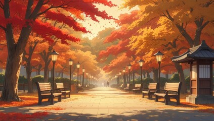 Illustration background of a Japanese forest garden in spring