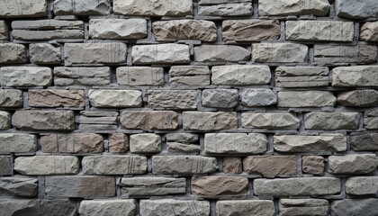 Fototapeta premium A detailed close-up view of a stone wall, featuring irregular rectangular blocks in shades of gray and brown, showcasing a textured and varied surface.