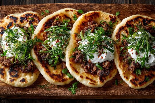 Four spiced flatbreads, topped with meat and yogurt - Powered by Adobe