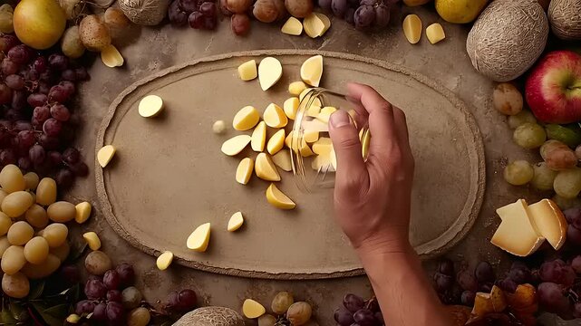 Creative food display with an empty clay platter and fresh fruit and cheese assortment