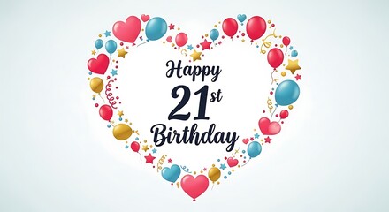 A festive heart-shaped frame encircles the words "Happy 21st Birthday" adorned with colorful balloons, hearts, and stars, creating a vibrant celebration graphic.
