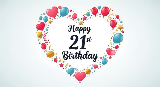 A festive heart-shaped frame encircles the words "Happy 21st Birthday" adorned with colorful balloons, hearts, and stars, creating a vibrant celebration graphic.